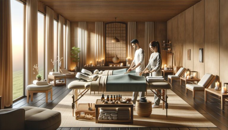Serene spa room with therapists preparing massage tables