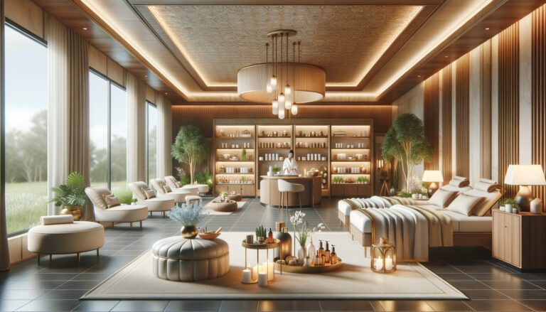 Luxurious spa interior with massage beds and lounge area