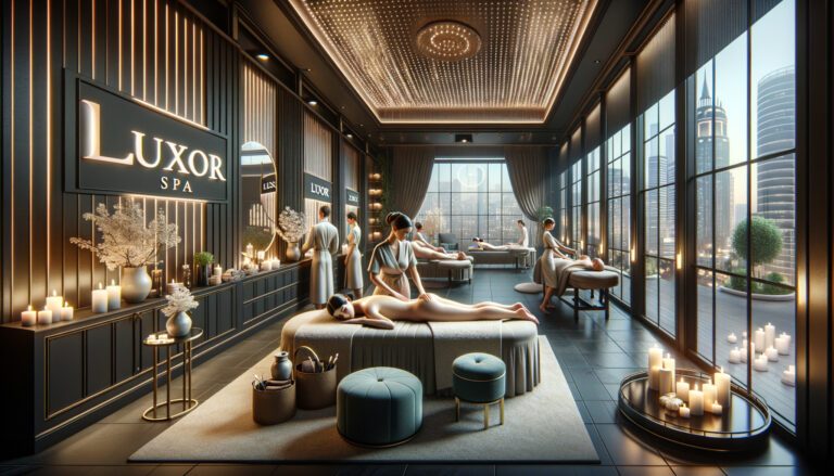 Luxury spa interior with massages and city skyline