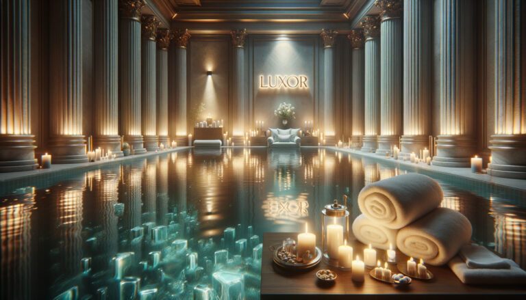 Luxurious indoor spa pool with candles and columns