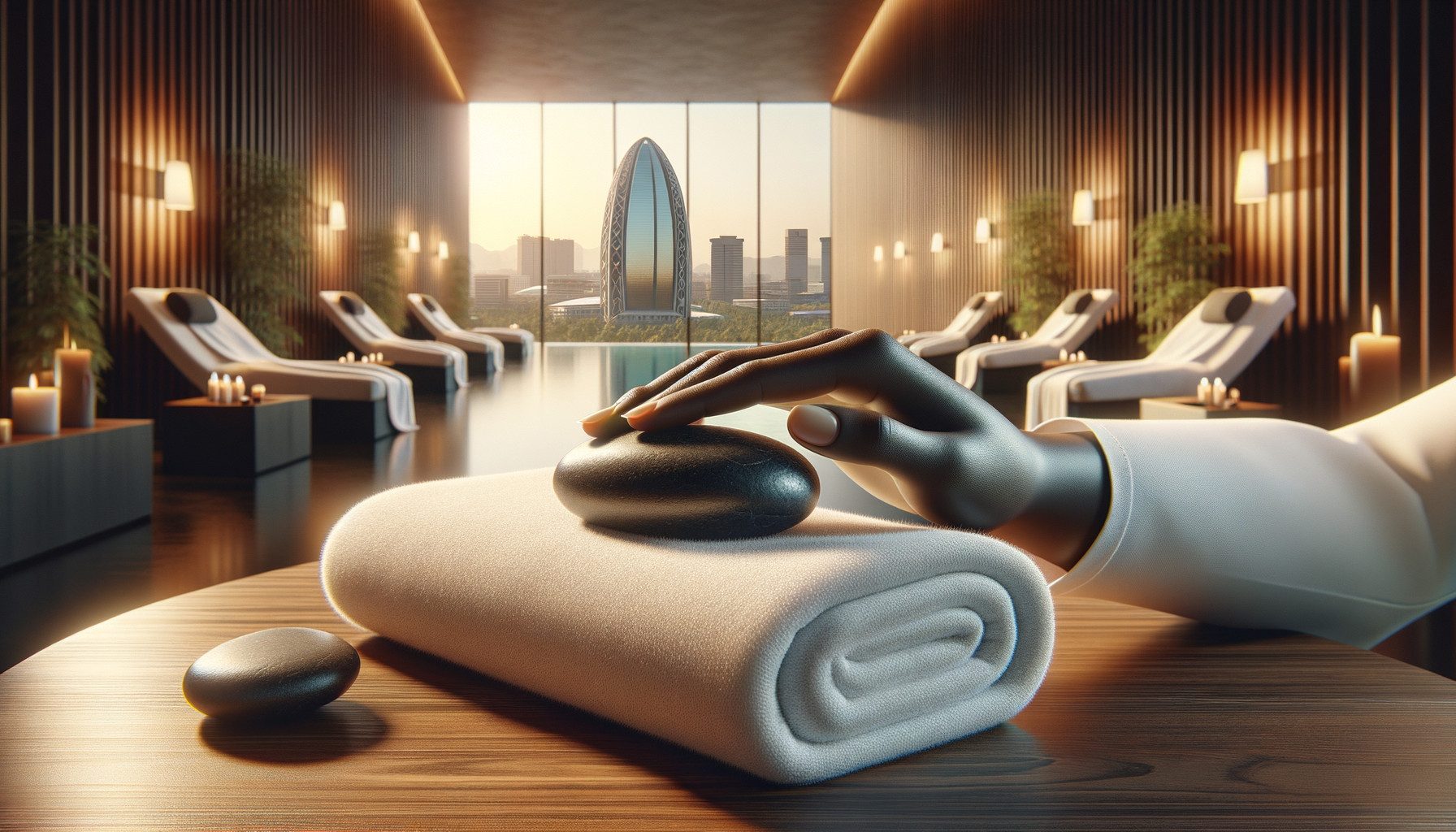 Luxury spa interior with massage stones and city view
