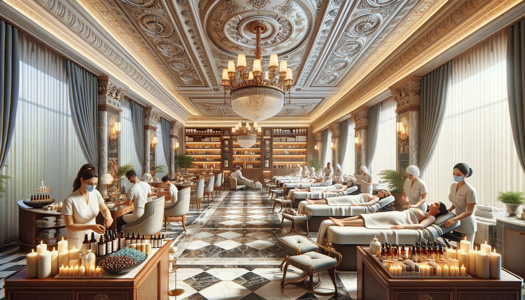 Luxurious spa interior with therapists giving massages
