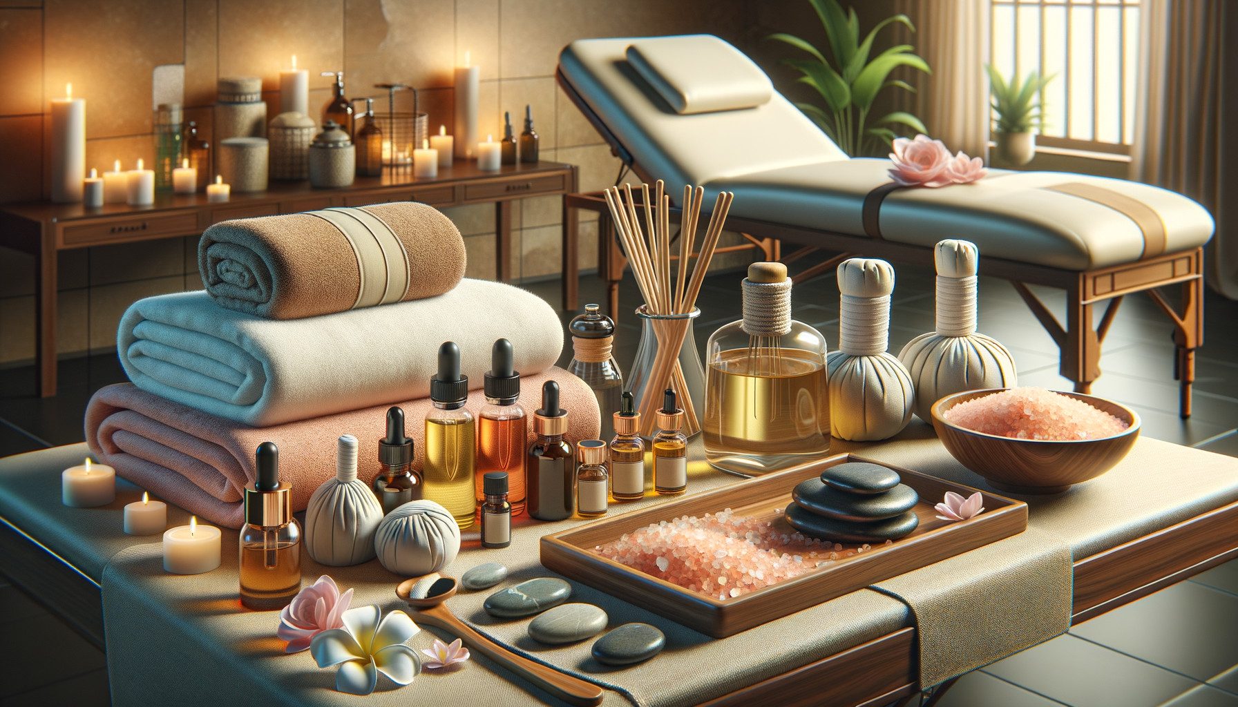 Spa treatment room with oils, candles and towels