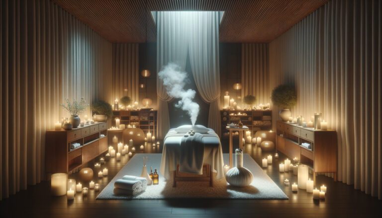 Candlelit spa room with massage table and steam