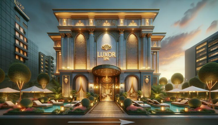 Luxury spa exterior with pool and loungers at dusk