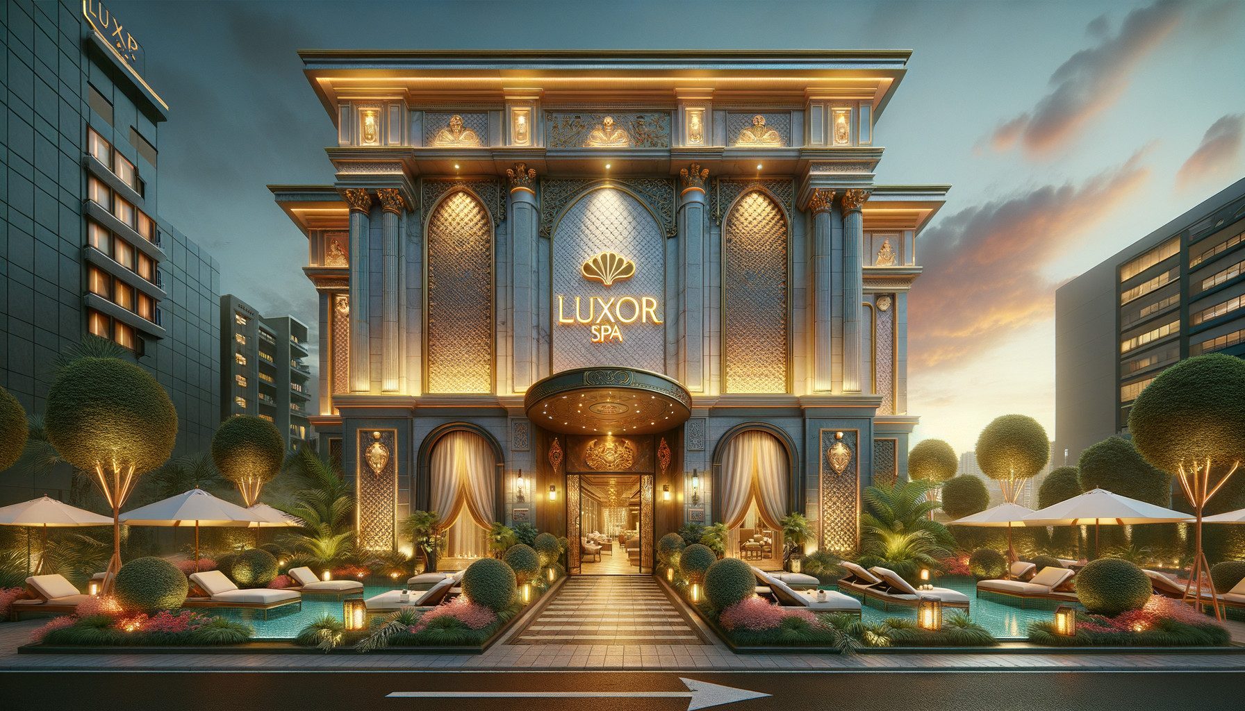 Luxury spa exterior with pool and loungers at dusk