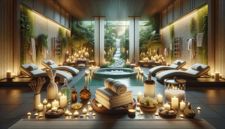 Luxurious spa interior with candles and garden waterfall