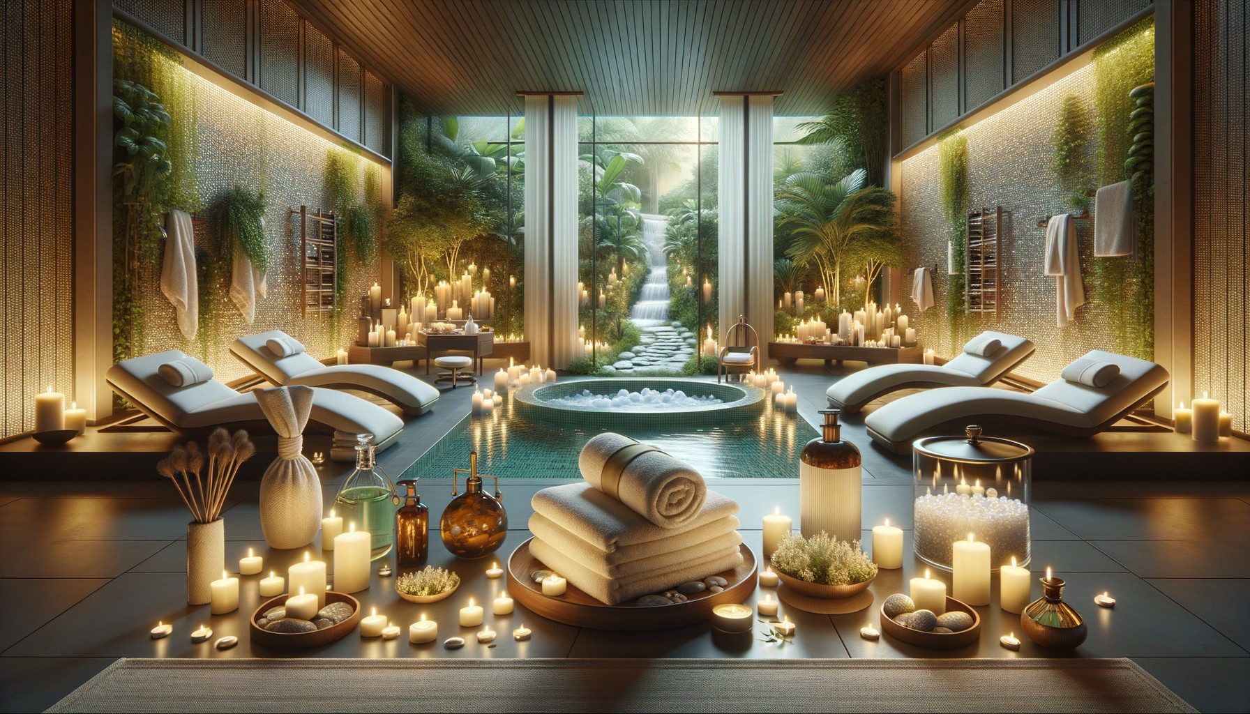 Luxurious spa interior with candles and garden waterfall