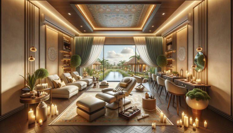 Luxurious spa interior with candles and canal view