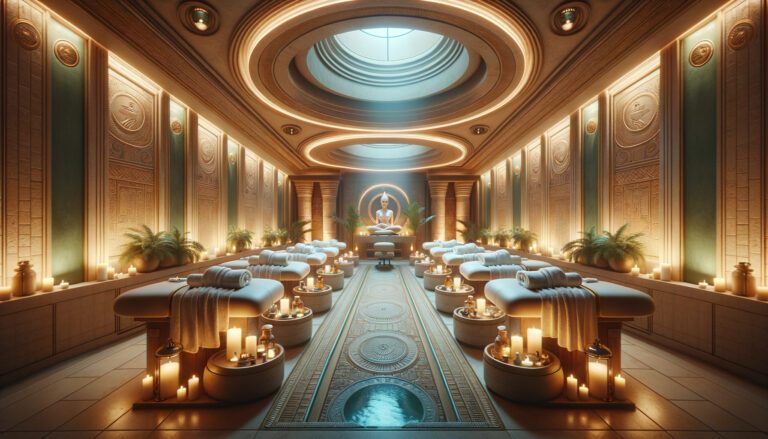 Luxurious candlelit spa room with massage tables and statue