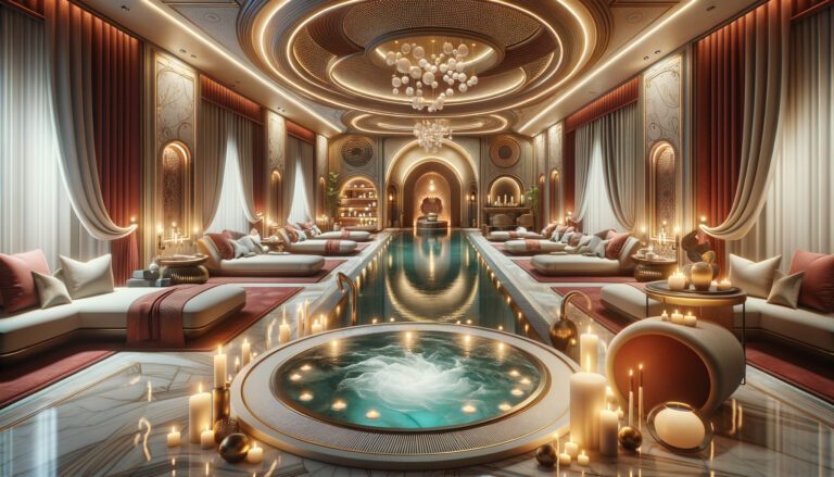 Luxurious spa interior with pool and candles
