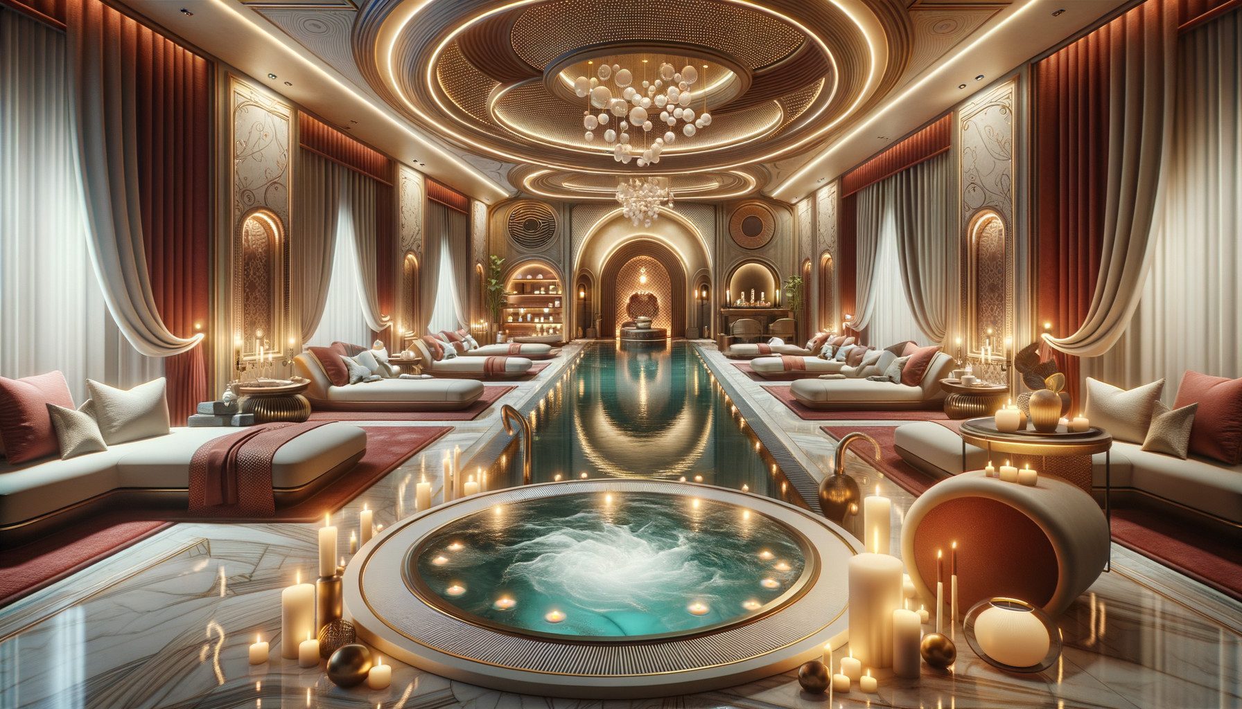 Luxurious spa interior with pool and candles
