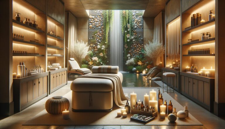 Luxury spa room with waterfall and massage table