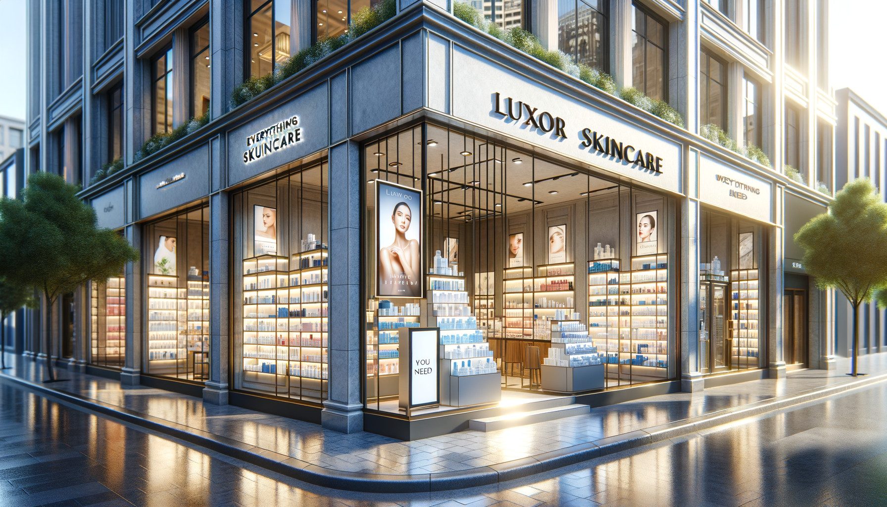 Modern luxury skincare shop on city street corner