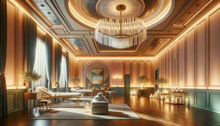 Luxurious spa room with chandeliers and massage tables