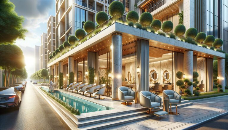 Luxury modern salon with outdoor seating and pool