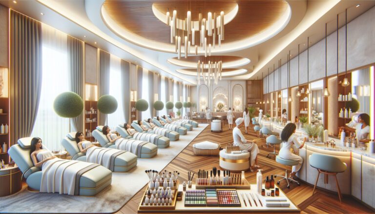 Luxury spa interior with clients and beauty treatments