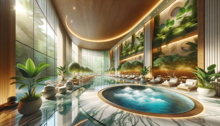 Luxury indoor spa with pool and lush greenery