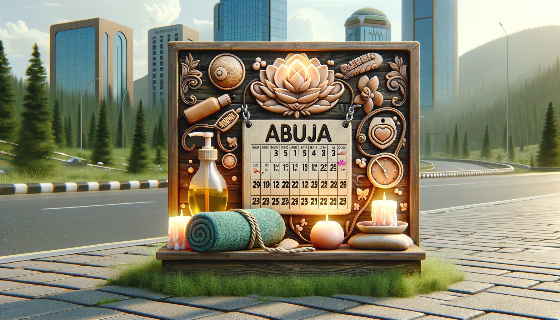 Decorative Abuja calendar with spa items by roadside