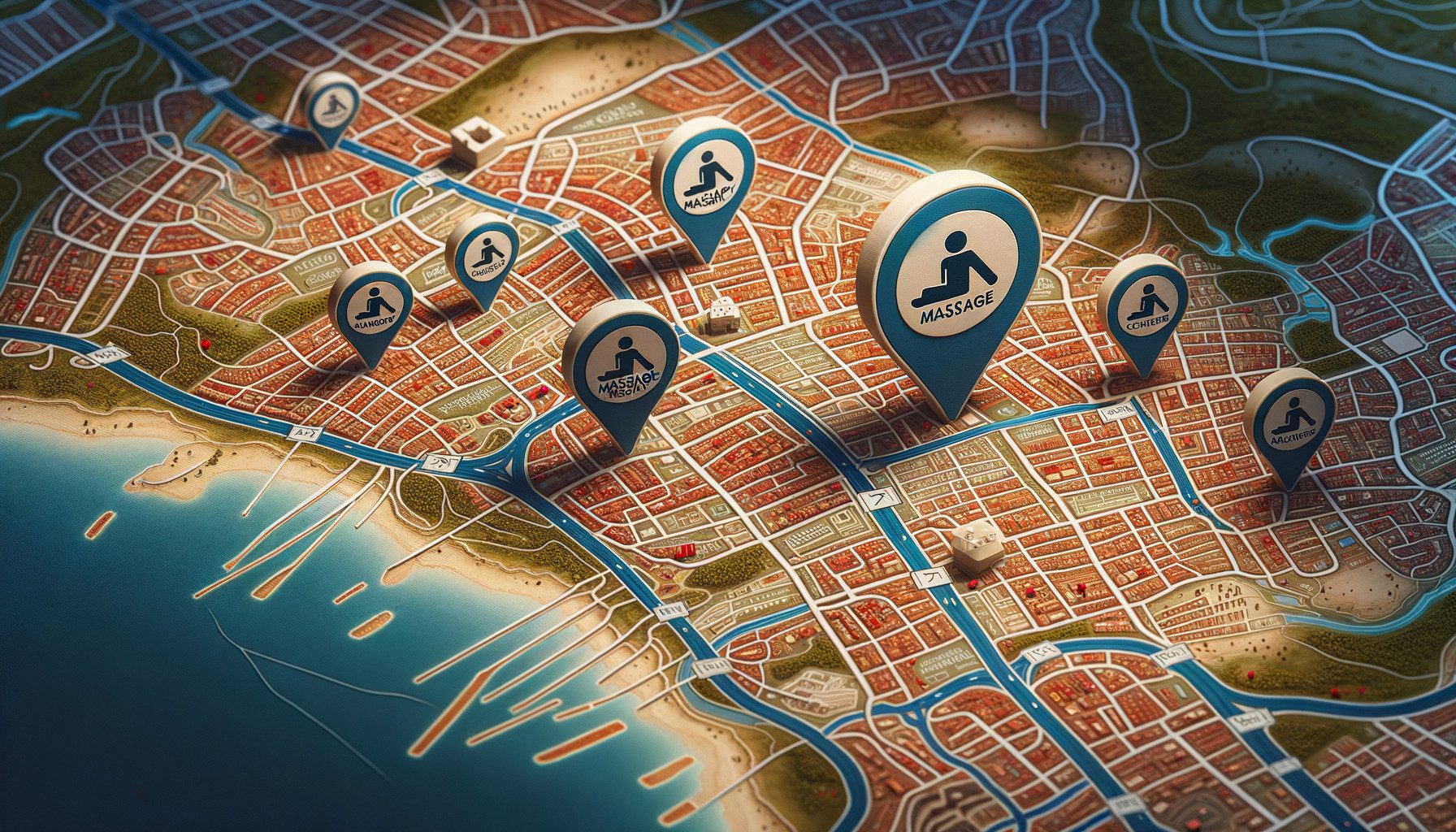 City map with massage location pins