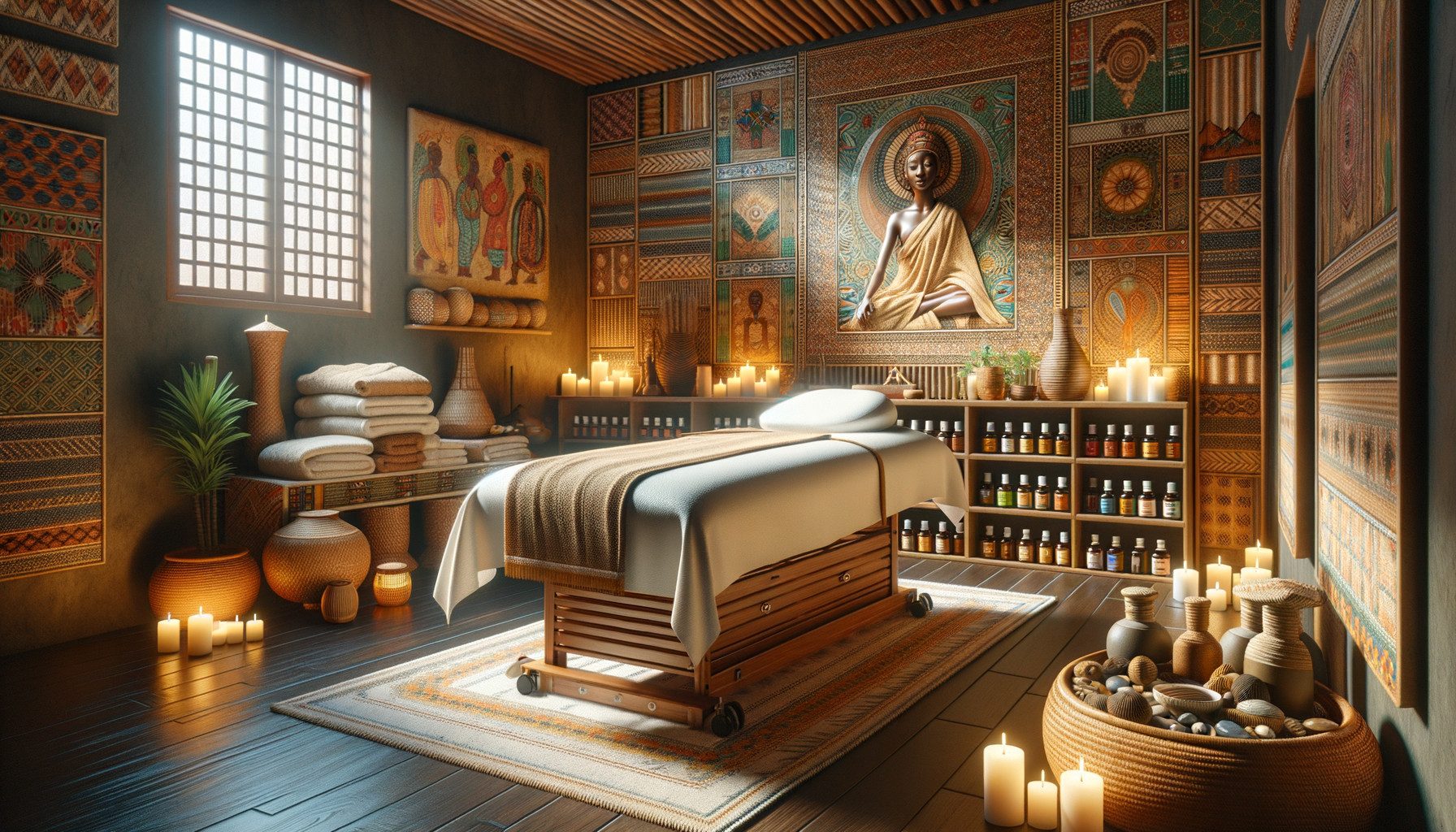 Serene spa massage room with candles and artwork