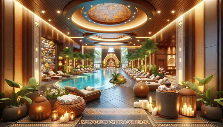 Luxury indoor spa pool with palm trees and loungers