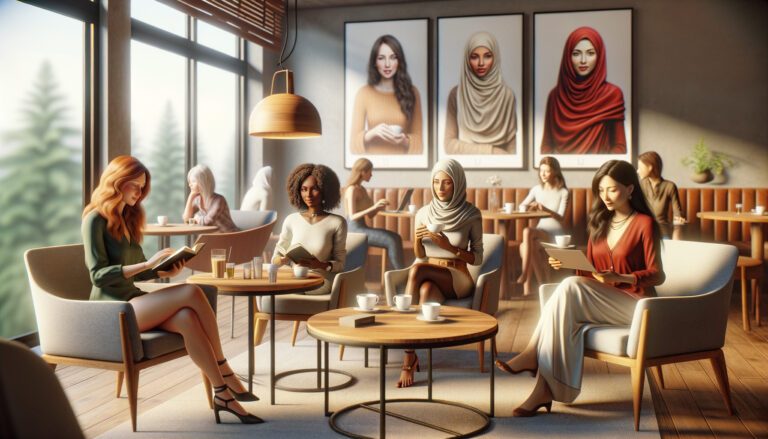 Women reading and chatting in modern café setting