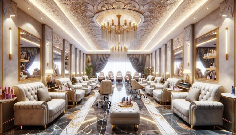 Luxurious nail salon with chandelier and marble floors