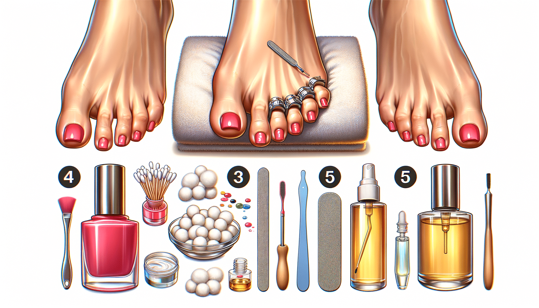 Pedicure tools and painted toenails illustration