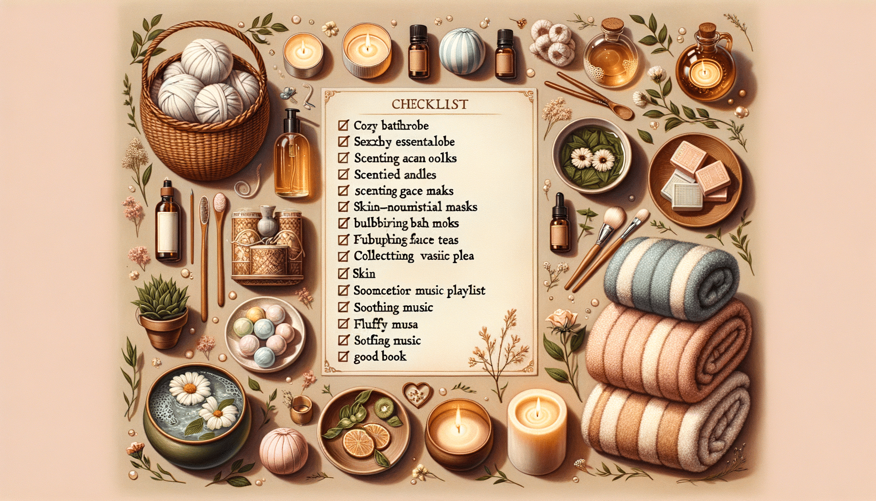 Spa self-care checklist with candles, towels and oils