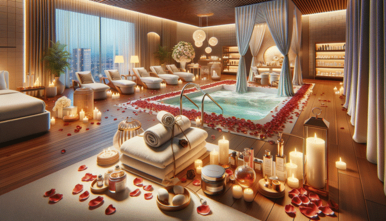 Luxurious spa with hot tub, candles and petals