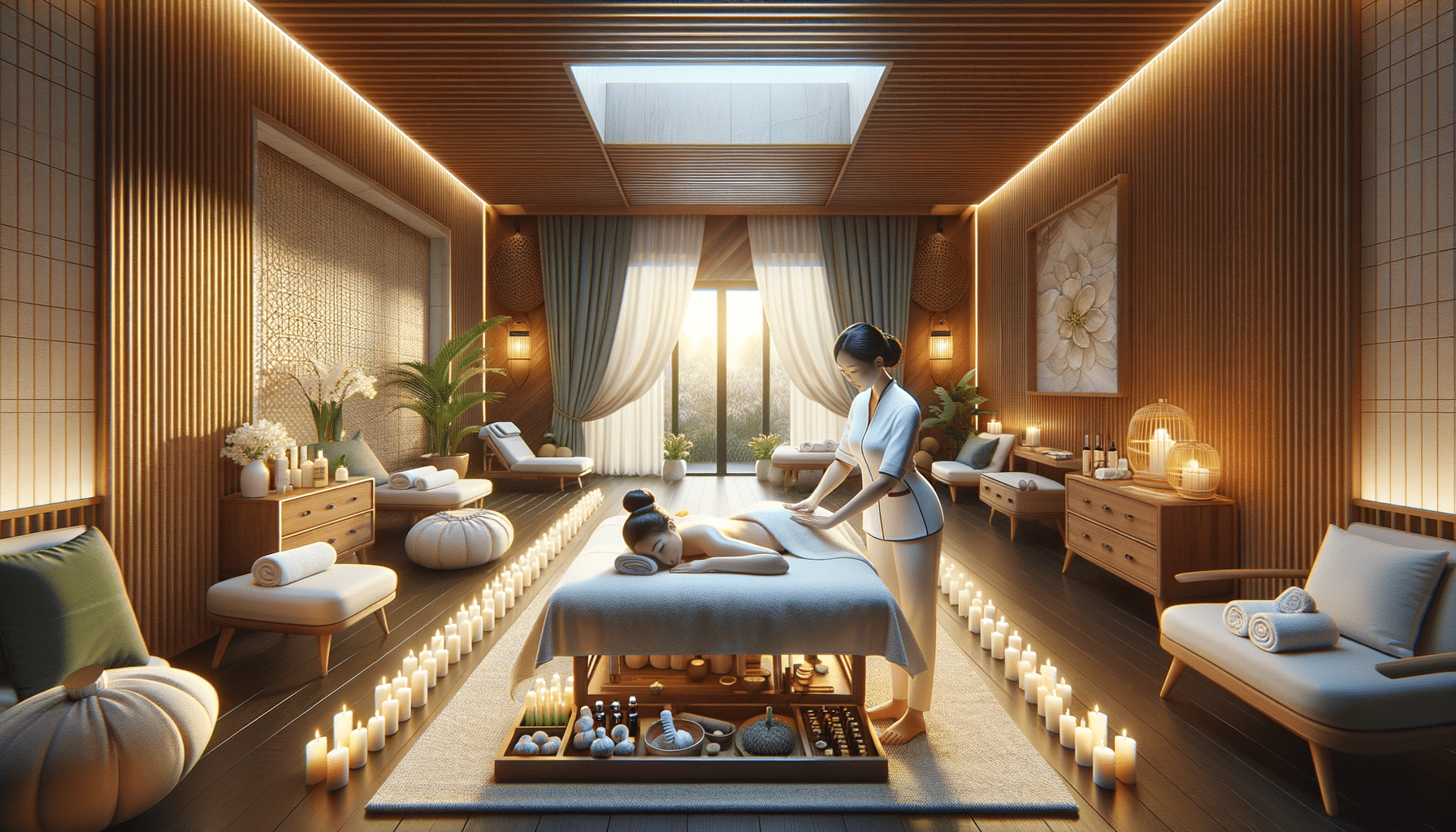 Serene spa room with candlelit massage treatment