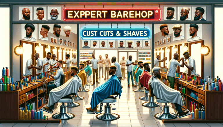 Busy barbershop interior with clients receiving haircuts