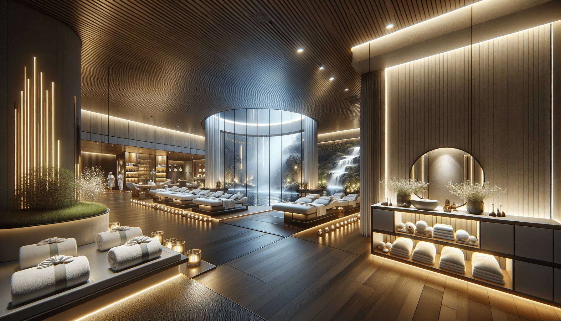 Luxury spa interior with waterfall and lounge beds