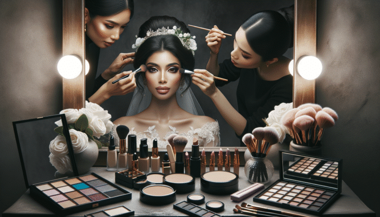Bride having makeup applied at dressing table