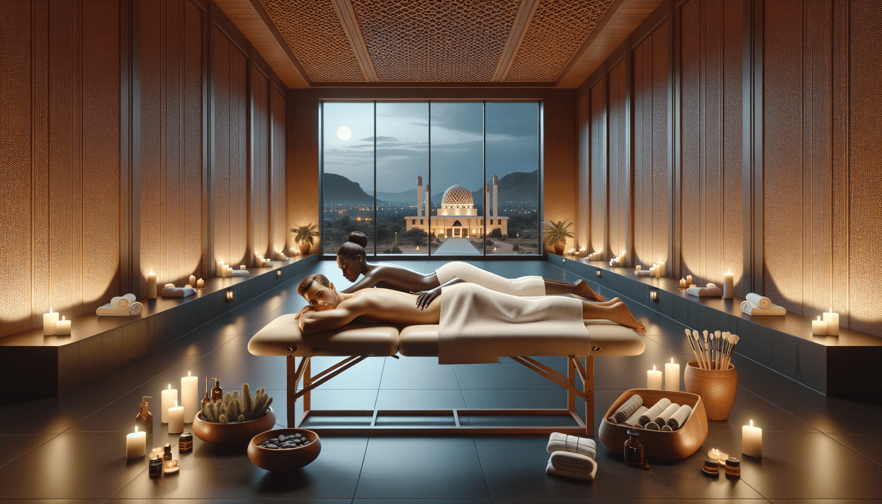 Luxury spa massage with mosque view at night