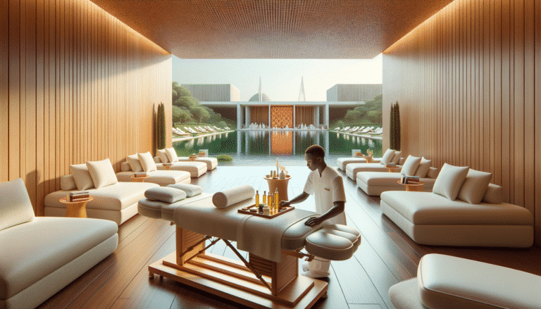 Luxury spa with massage table overlooking tranquil pool