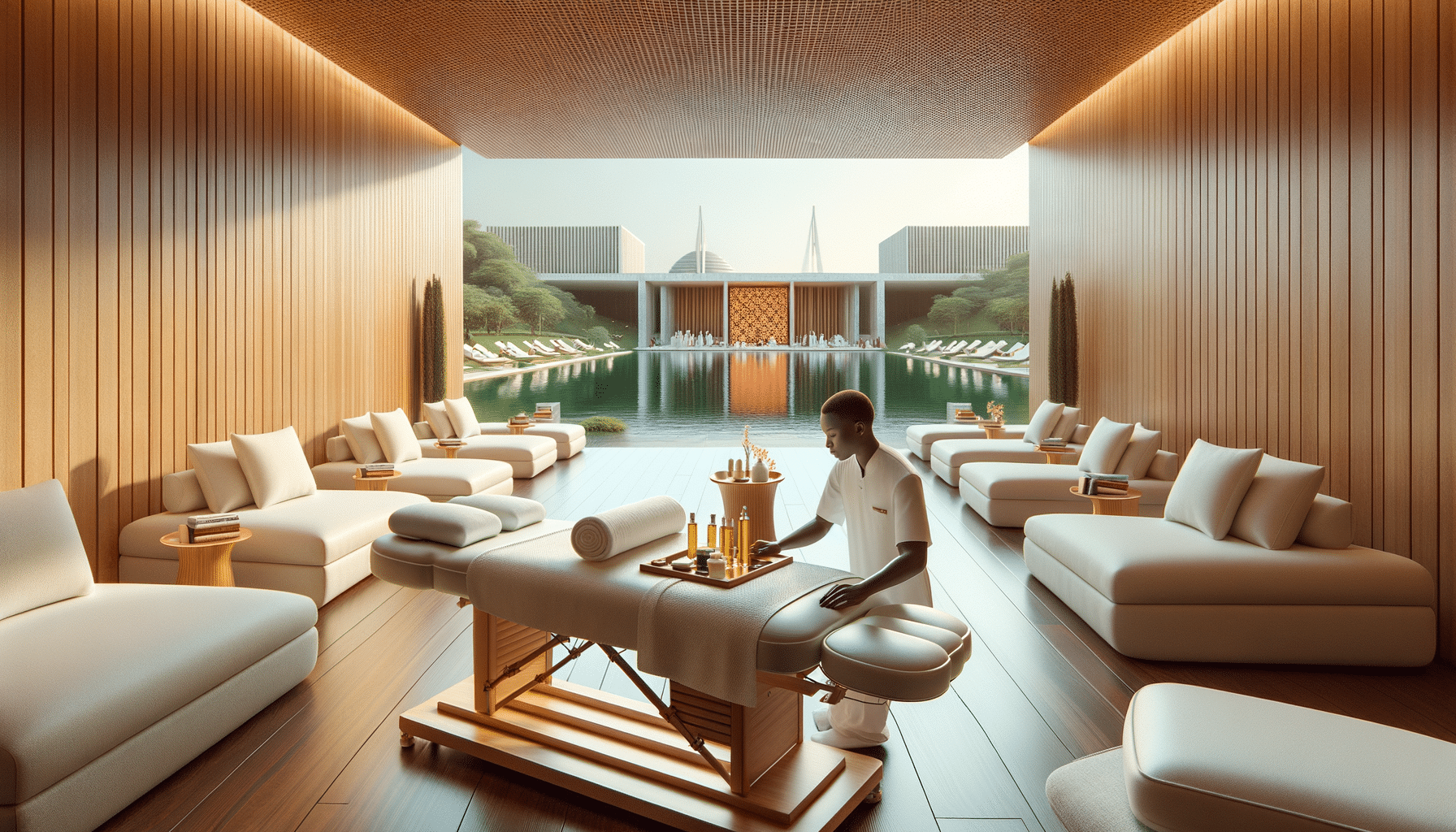 Luxury spa with massage table overlooking tranquil pool