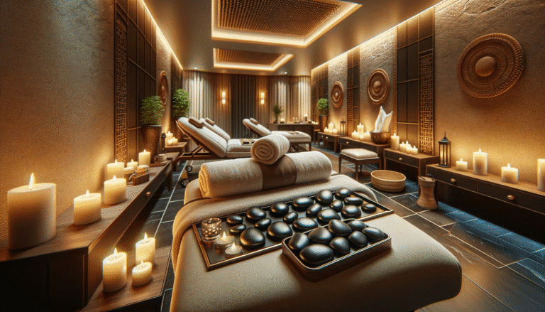 Luxurious candlelit spa room with hot stone massage tables