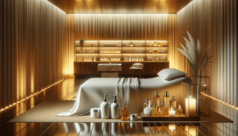 Luxurious spa treatment room with massage table and candles