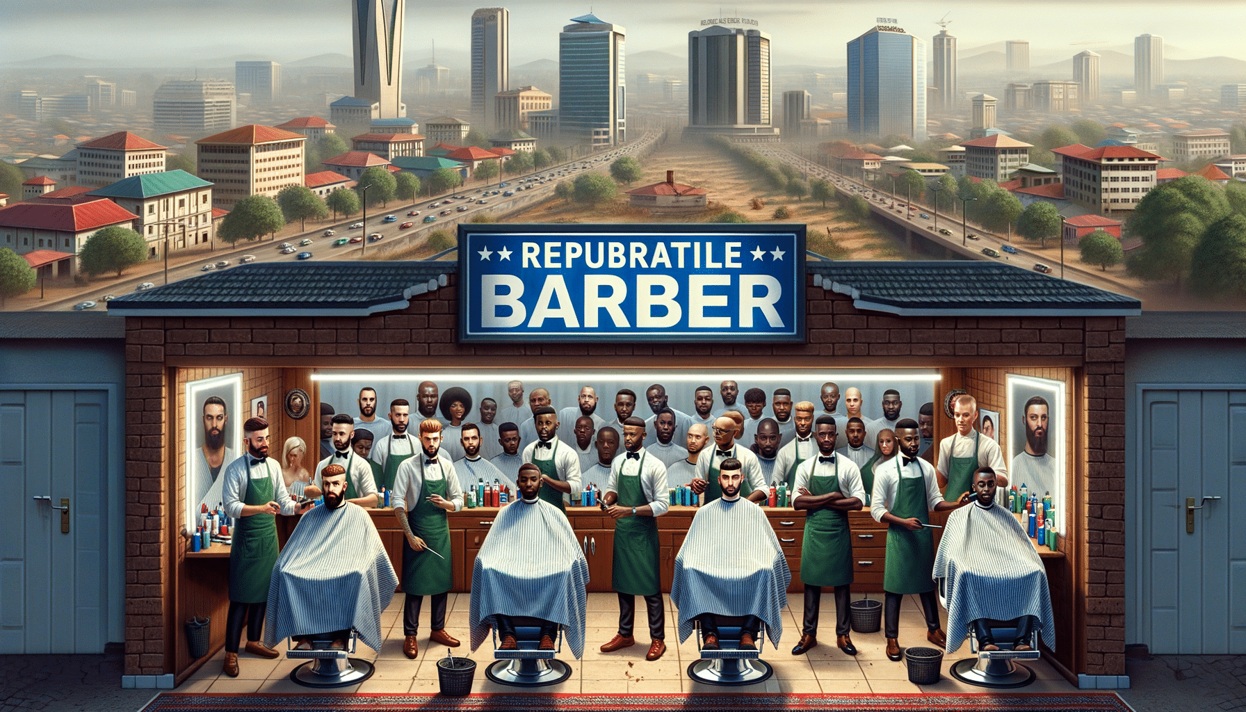 Busy city barbershop with multiple barbers and clients
