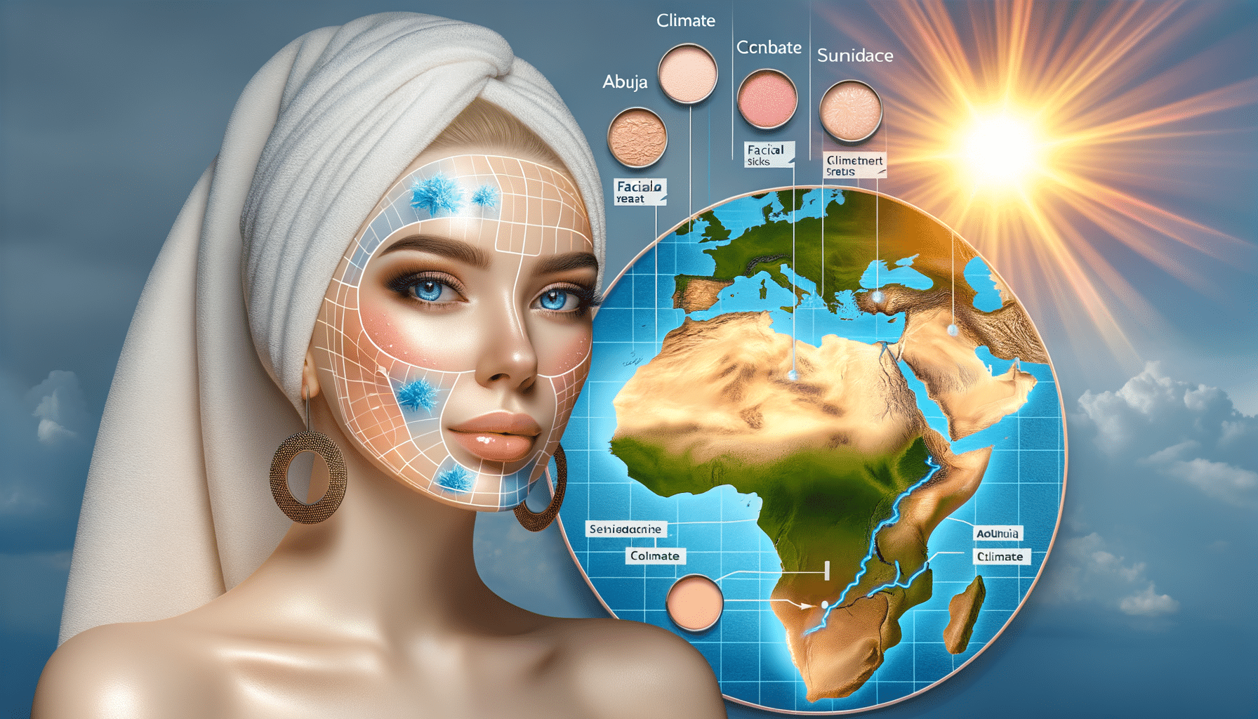 Woman with facial mapping beside African climate globe