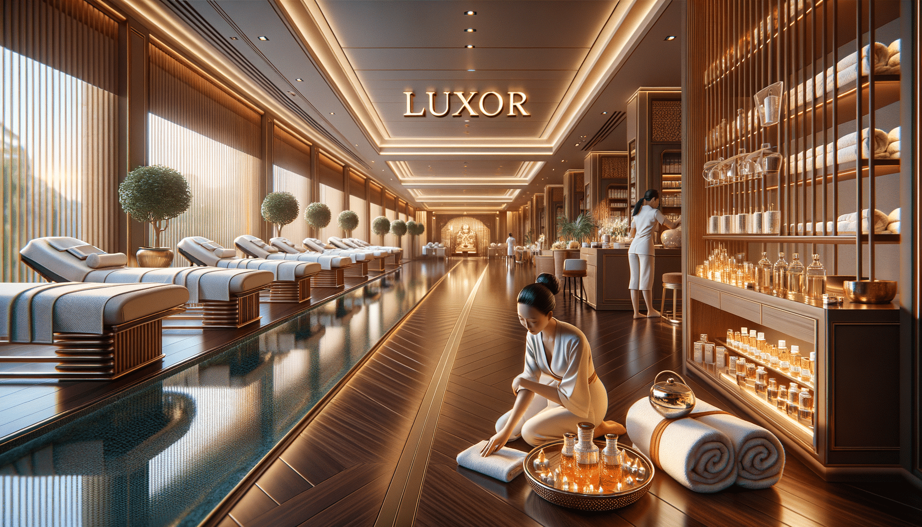 Luxury spa interior with massage beds and therapists