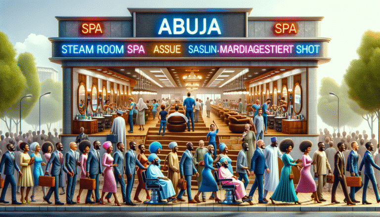 Busy Abuja spa and barbershop with crowd outside