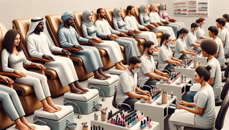 Busy nail salon with clients receiving manicures and pedicures