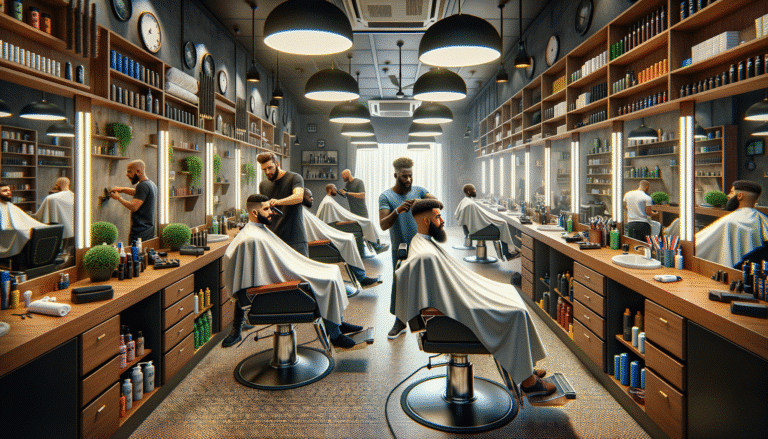 Modern barbershop with barbers cutting clients' hair