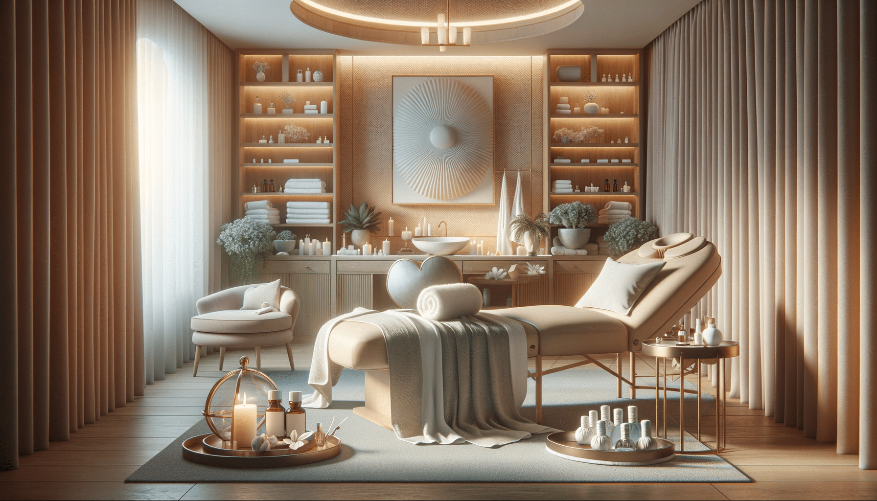 Serene spa treatment room with massage table and candles