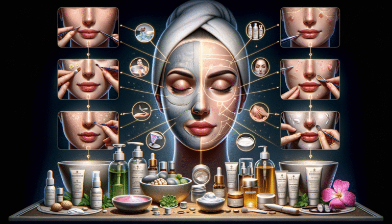 Skincare routine infographic with facial treatment steps and products