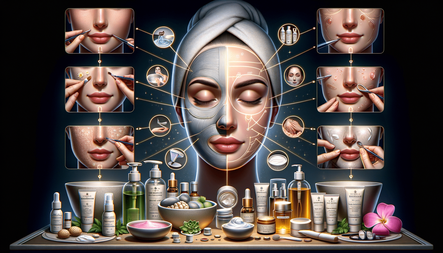 Skincare routine infographic with facial treatment steps and products
