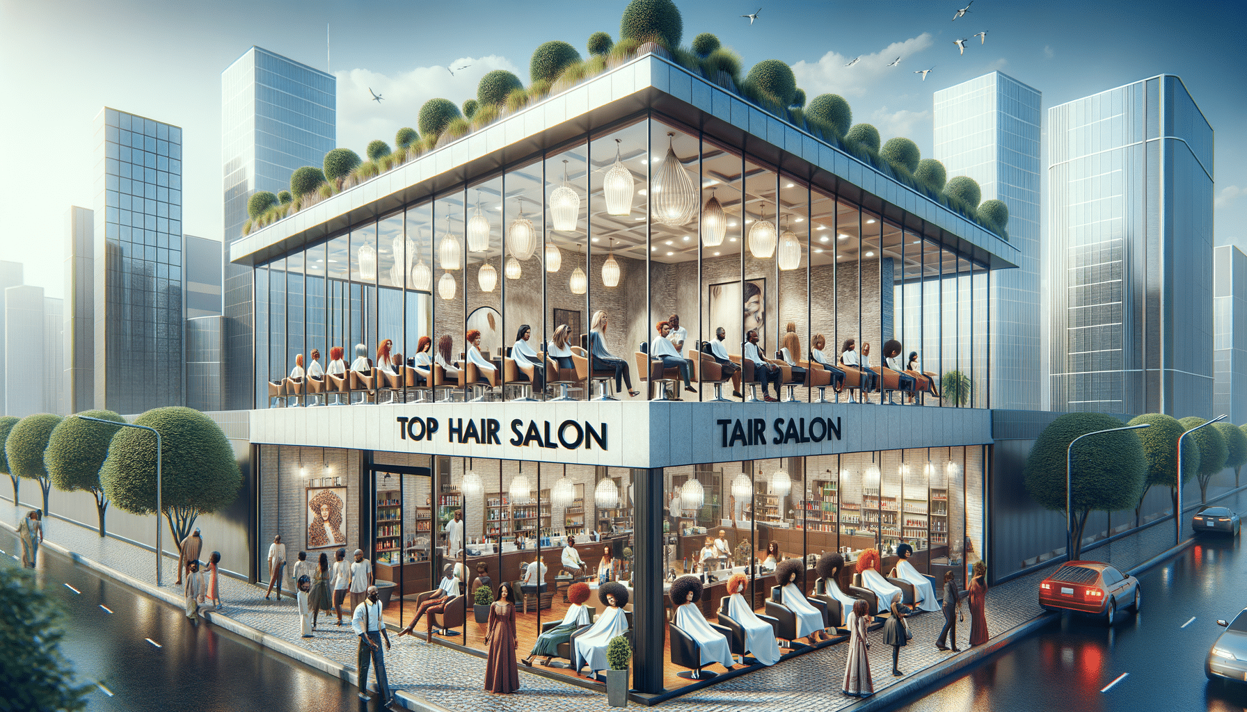Modern glass rooftop hair salon in city centre